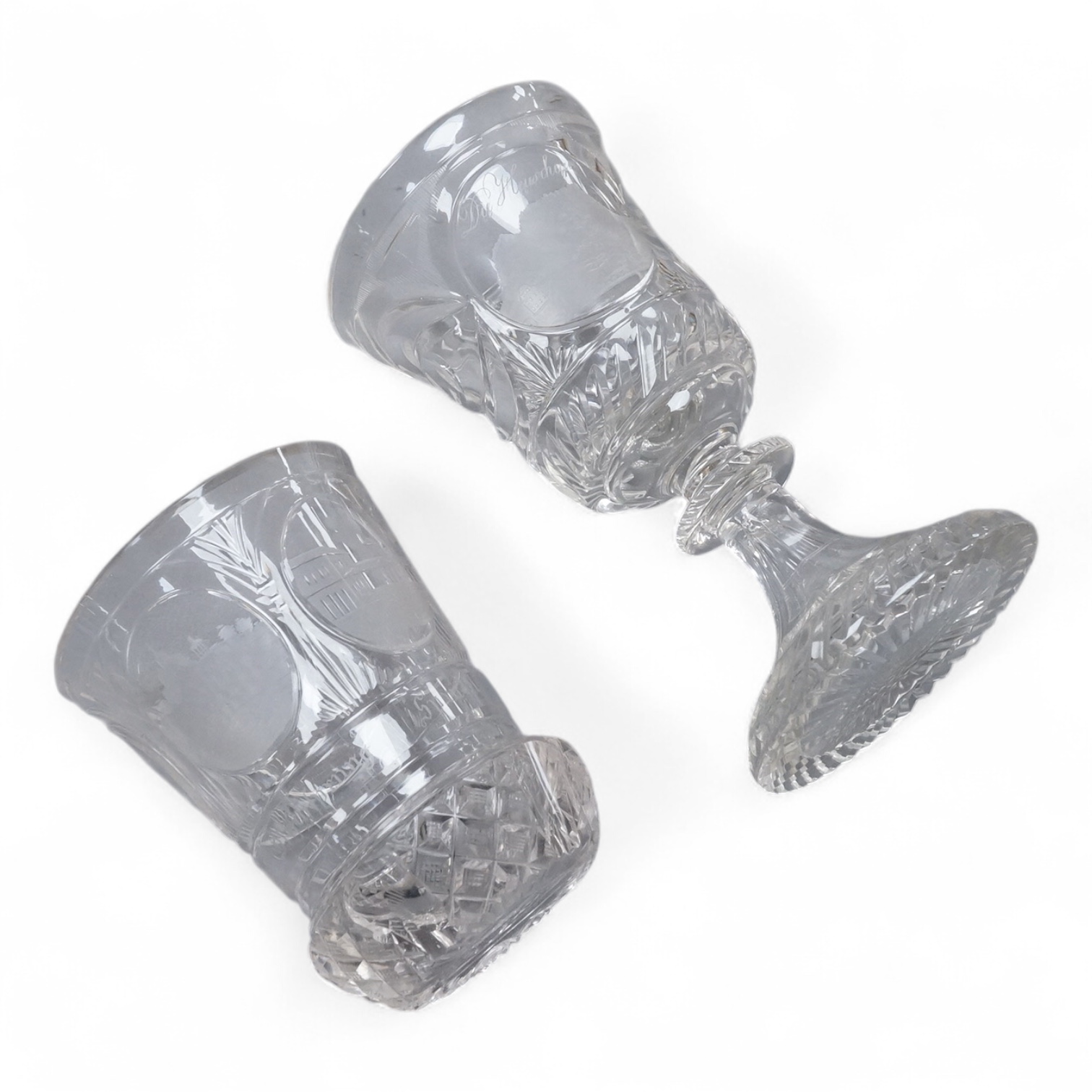 A 19th century Bohemian topographical engraved goblet and a similar beaker goblet, 17cm high